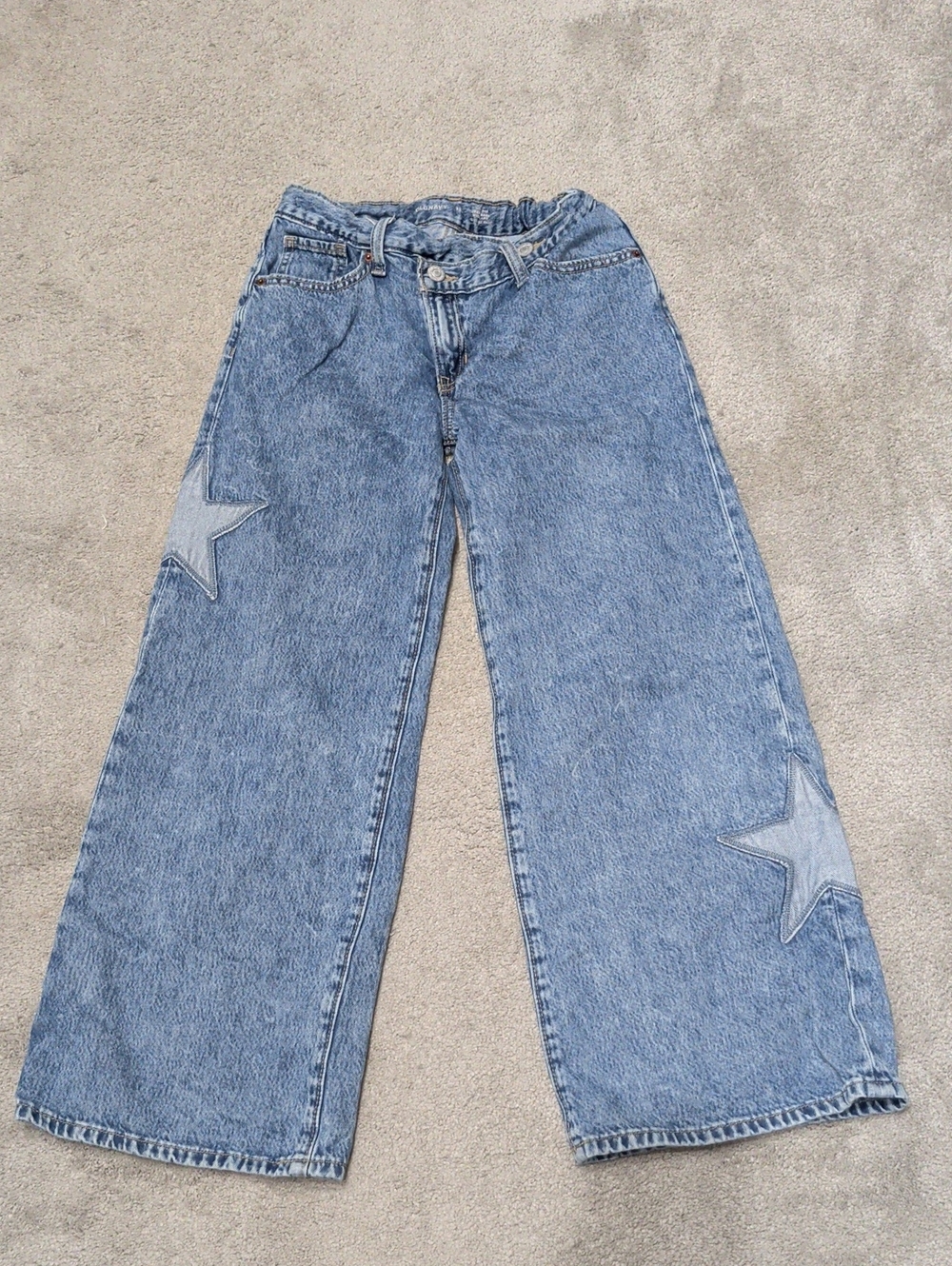 Wide Leg Super Baggy Star Appliqué Girls Jeans - Light Blue